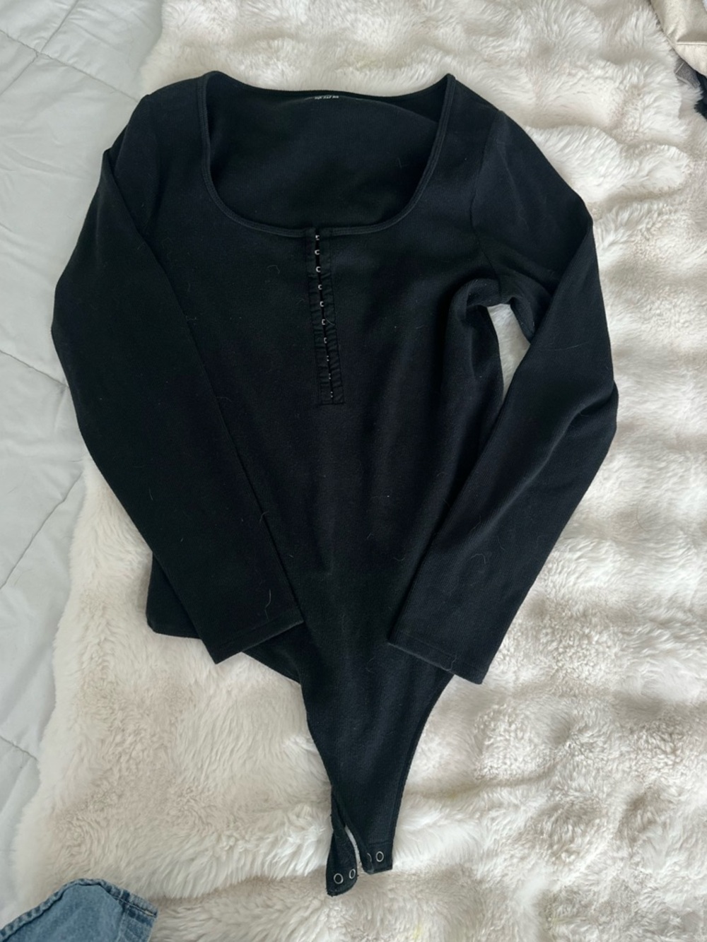 Abercrombie & Fitch Black Long-Sleeve Scoop Neck Bodysuit with Button Front